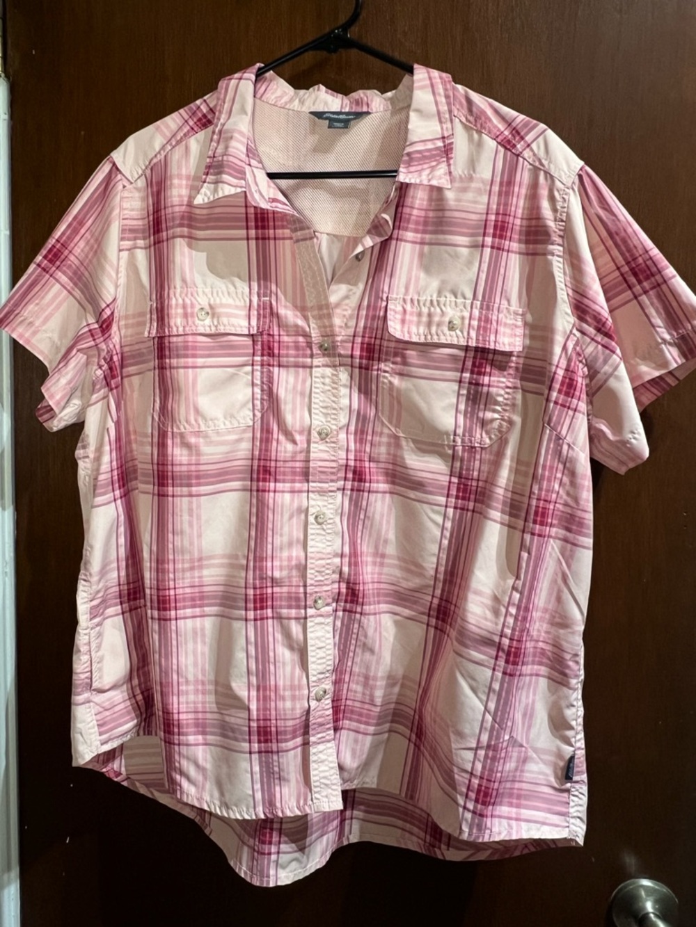 Eddie Bauer Pink Plaid Utility Outdoor Flowy Fishing Athletic Camp Shirt Sz XXL